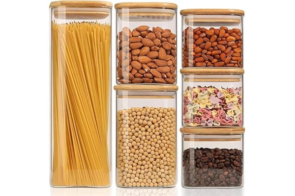 Mom's Pick of the Week: ComSaf Food Storage Containers with Airtight Lids Set of 6, Clear Glass Canister Food Jar with Sealing Lid Kitchen Pantry Storage Container for Spaghetti Pasta Sugar Flour Oat Cereal Beans, Square
