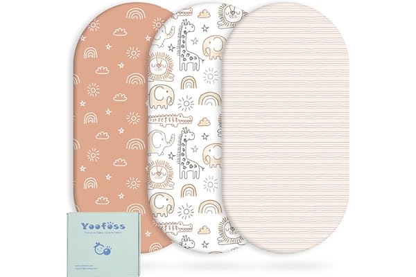 Yoofoss Bassinet Sheets for Baby,3-Pack Fitted Bassinet Sheets Set Compatible with Halo Bassinest Swivel Sleeper,Baby Delight,Angelbliss,Soft Breathable Bassinet Mattress Sheets (Brown+Animals)
