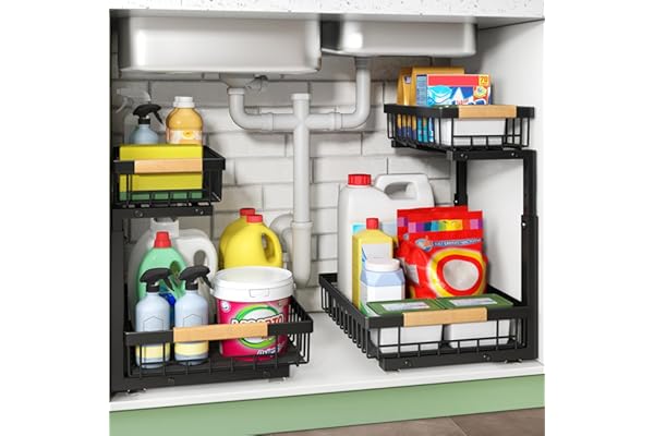 Baby Shower Gift Idea: Kitstorack Under Sink Organizer, 2 Tier Under the Sink Storage, Slide out Pull out Cabinet Organizer Shelf, Metal Sliding Drawer for Kitchen Bathroom Pantry Closet Organization Rack, Black, 1 Pack