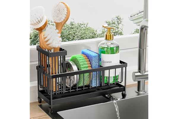 Cisily Sponge Holder for Kitchen Sink, Sink Caddy Organizer with High Brush Holder, Kitchen Countertop Organizers and Storage Essentials, Rustproof 304 Stainless Steel (Black, 9.25″)