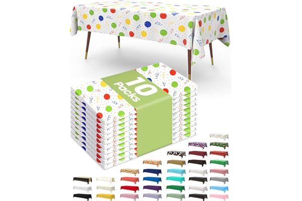 Baby Shower Gift Idea: Pureegg Plastic Table Cloth Disposable 10 Pack, 54 x 108 Inch Table Cloths, Birthday Party Decorations, Picnic, White Tablecloths, Rectangle, Colorful, Rainbow Cover, Leakproof & Sturdy, Balloon