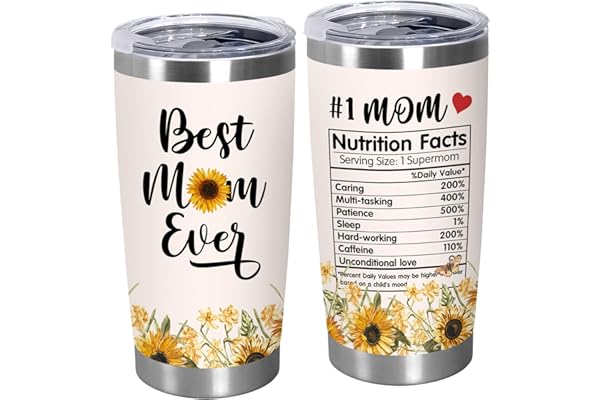 TEEZWONDER Mothers Day Gifts for Mom from Daughter Son - #1 Nutrition Facts Sunflower Stainless Steel Insulated Coffee Tumbler with Lid 20 oz - Birthday Gifts for Mama Grandma Women