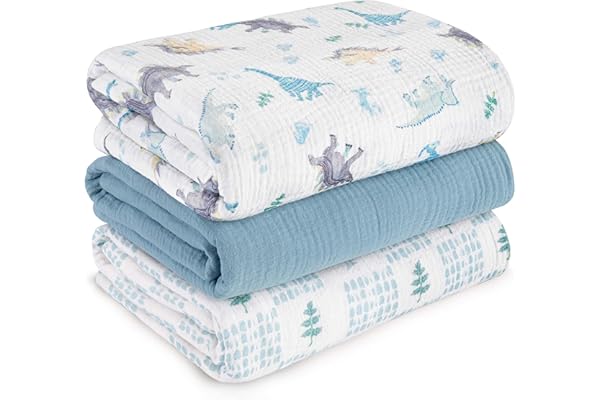 Pregnancy Hack: Muslin Swaddle Blankets for Newborn, 3 Pack Breathable Soft Receiving Blanket, Large 38 x 40 inches Swaddle Wrap Burping Clothes Diapers, Essentials Infant Shower Items, Toddler Gift (Blue Dinosaur)