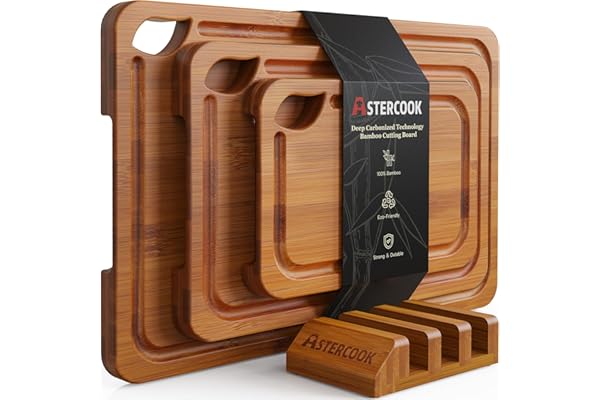 Trending on Amazon: Astercook Deep-Carbonized Bamboo Cutting Boards for Kitchen with Wood Storage Stand, Reversible Charcuterie & Chopping Boards with Juice Grooves and Easy-Grip Handles, Mothers Day Gifts