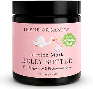 Irene Organics Organic Belly Butter for Pregnancy Stretch Mark Prevention and Treatment Award Winning Anti Stretch Mark Tummy Balm For Pregnancy and Postpartum 8oz - Hydrating Bump Cream