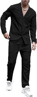 Men's 2 Piece Linen Suit Long Sleeve Button Down Shirt and Pants Sets Walking Suits