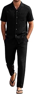 Men's 2 Piece Outfits Summer Relaxed Fit Walking Suit Casual Cuban Guayabera Shirt and Pants Set Beach Vacation