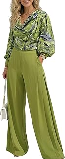 Price Drop: Women's 2 Pieces Outfit Abstract Print Cowl Neck Lantern Sleeve Crop Top and Wide Leg Pants Set
