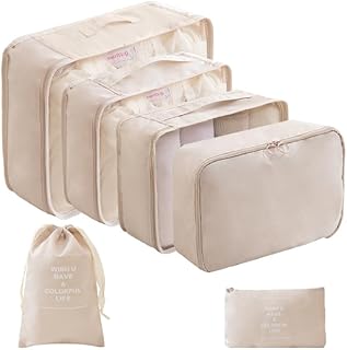 _SKIP_6 Set Packing Cubes for Travel, Luggage Organizers with Shoe & Toiletry Bags, Lightweight Suitcase Organizer for Carry-On, Washable Laundry Bags (Beige)