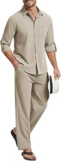 Mens Shirts Casual 2 Piece Long Sleeve Button Down Cuban Shirt and Pants Set Summer Beach Outfits
