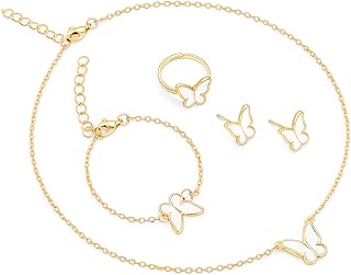 4 Piece Butterfly Jewelry Set for Women, Elegant Gold Plated Necklace Earrings Bracelet Ring Set, Luxe Bridal Wedding Party Prom Jewelry Gifts for Her