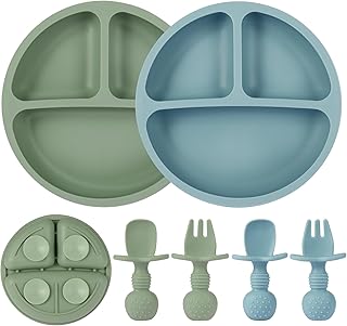Eascrozn 2 Pack Baby Plates with Suction, 2 Pack Silicone Forks and Spoons Set, Baby Led Weaning Supplies, BPA Free, Toddler Utensils for Feeding Essentials