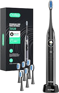 Oralflipp Sonic Electric Toothbrush - Smart LED Display & Visual Pressure Sensor, 40,000 VPM Power Toothbrush with 5 Modes, 6 Brush Heads & Inductive Charging Base, 6 Brush Heads,Black
