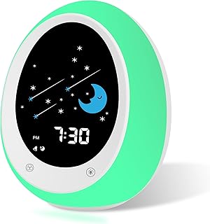 Kids Alarm Clock, Toddler Sleep Training Clock with Sun & Moon, Sound Machine, Night Light, Ok to Wake Alarm Clock for Children