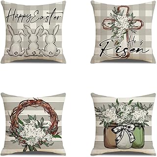 Kohimit Easter Pillow Covers 18x18 Set of 4 Bunny Eucalyptus Leaves Decorations Sweet Home Spring Farmhouse Pillow Covers,Polyester Cushion Case Gifts for Home Decor Risen