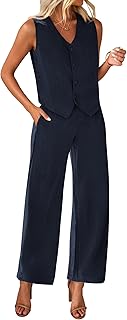 Perfect Gift Idea: Womens Two Piece Outfits Summer Fashion Button V Neck Crop Vest Blazer and Wide Leg Pants Suit Matching Sets