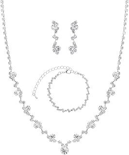 Women Jewelry Set Silver Necklace Earrings Bracelet Rhinestone Crystal Bridal Wedding Jewelry Sets for Brides Bridesmaid Wedding Party
