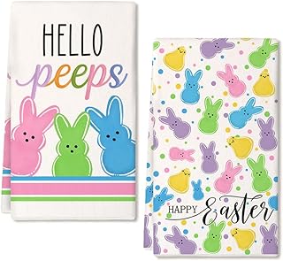 DineDia Colorful Bunny Happy Easter Kitchen Towels Set of 2,Hello Peeps Rabbits Dish Hand Towels Farmhouse Indoor Outdoor Holiday Seasonal Decorations DD079