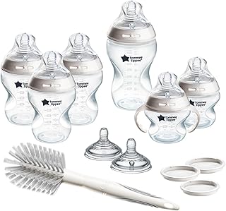 Tommee Tippee Natural Start 12 Piece BPA Free Bottle Set, Includes 2 x 5 oz, 3 x 9 oz, 1 x 11 oz Bottles, Newborn 0+ Months, Slow, Medium & Thicker Flow Breast-Like Nipples, Cleaning Brush, Clear