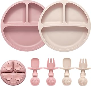 Eascrozn Silicone Feeding Set, 2 Pack Divided Toddler Plates with Suction, 2 Pack Utensils - Spoons & Forks, BPA Free, Baby Led Weaning Supplies
