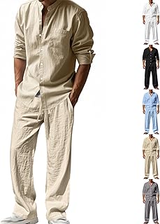 2026 Summer Men's Linen Tracksuit 2 Piece Outfits Casual Long Sleeve Button Down Shirts & Loose Lounge Pants Matching Set