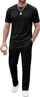 Mens 2 Piece Sets Short Sleeve Shirts and Loose Pants Summer Textured Suits