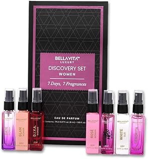Bellavita Luxury Women's Perfume Discovery Gift Set with Date, Glam, Diva, Rose, Hot Mess, White Oud, and Senorita | 56ml | Perfume for Women | Floral, Fresh, Fruity Scent Profile