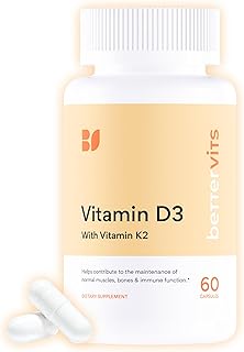 Bettervits Vitamin D3 5000 IU for Women and Men | with High Strength K2 Vitamins for Immune Support and Bone Health | Vitamin D Supplements with Calcium Absorption | 60 Vegetarian Capsules