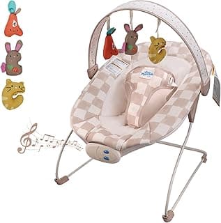 Baby Bouncer – Baby Bouncer seat, Infants Bouncy Seat with Music & Sensory Toys, Compact & Machine Washable Seat Pad Indoor Infant Seat, Ideal for Newborns 0-6 Months, Max Weight 20lbs (Sand Checker)