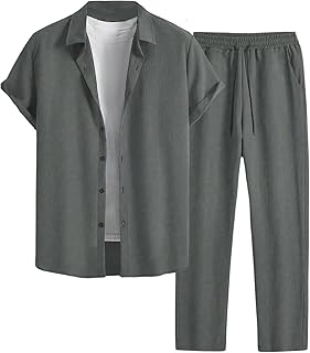 Men's Two Piece Outfits Short Sleeve Button Down Shirt and Long Pants Set