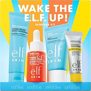 e.l.f. SKIN Wake the e.l.f. Up Skincare Kit, Travel-Size Hydrating Face Cleanser, Sunscreen, Moisturizer & Brightening Serum, Vegan & Cruelty-Free