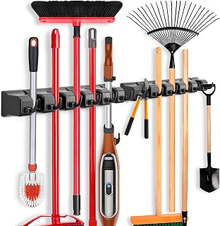 Budget Find You Need: IMILLET 2 Pack Mop and Broom Holder, Wall Mounted Organizer Mop and Broom Storage Tool Rack with 5 Ball Slots and 6 Hooks (Black)