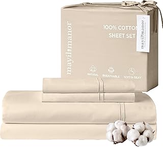 100% Natural Cotton Bed Sheets | 500 TC Single-Ply Sateen Weave King Size Sheets Set | Soft & Hypoallergenic Solid 4-Piece Bedding with Deep Pocket Fitted, Flat, Pillowcase | Cream Beige