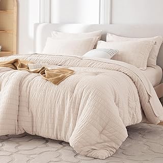 Is It Worth Buying: MUXHOMO 7 Pieces Queen Comforter Set, Seersucker Bed in a Bag Queen Size, All Season Luxury Bedding Set with Comforter, Flat Sheet, Fitted Sheet, Pillowcases & Shams, Beige