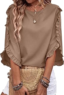Budget Find You Need: 3/4 Length Sleeve Womens Tops Dressy Casual Blouses Crewneck Ruffle Sleeve Shirts Spring Outfits Business Work Tops