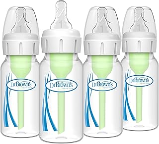 Dr. Brown's Natural Flow Anti-Colic Options+ Narrow Baby Bottle, 4 oz/120 mL, with Level 1 Slow Flow Nipple, 0m+, 4 Pack