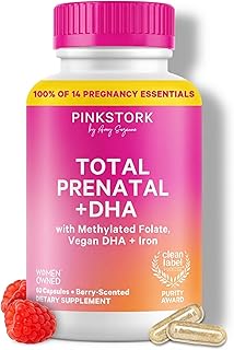 Pink Stork Total Prenatal Vitamins | DHA, Folate, Iron, Choline, Vitamin B12 | Prenatals for Women to Support Fetal Development | Pregnancy Essentials | Clean Label Award Winner | 60 Capsules, Berry