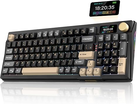 _SKIP_RedThunder K95 Wireless Mechanical Keyboard, TFT Screen & Knob, Tri-Mode BT5.0/2.4GHz/USB-C Hot Swappable Custom, Pre-lubed Linear Pink Switches, Gasket Structure, RGB Gaming Keyboard, Black-Gold