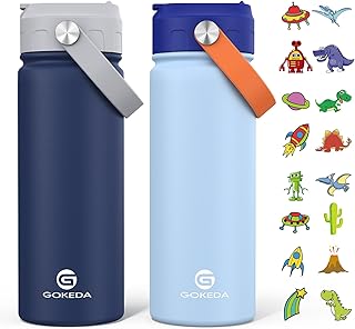 GoKEDA 18oz Kids Water Bottle, 2 Pack Insulated Bottles with Stickers, 18/8 Stainless Steel Vacuum Leak Proof Straw Cup for School, Gifts for Boys(Light Blue, Dark Blue)
