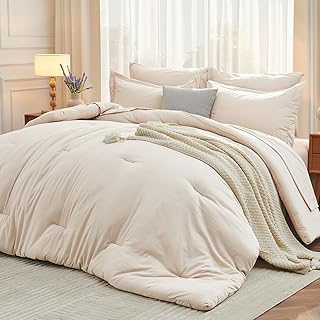 Perfect Gift Idea: MUXHOMO 7 Pieces Queen Comforter Set, Soft Bed in a Bag Queen Size, All Season Bedding Set with Comforter, Flat Sheet, Fitted Sheet, Pillowcases & Shams, Beige