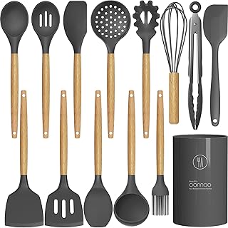 oannao Silicone Cooking Utensils Kitchen Utensil Set - 446°F Heat Resistant Silicone Kitchen Utensils Set, Spatula,Turner Tongs, Spoon, Whisk,Kitchen Gadgets for Nonstick Cookware, BPA Free (Gray)