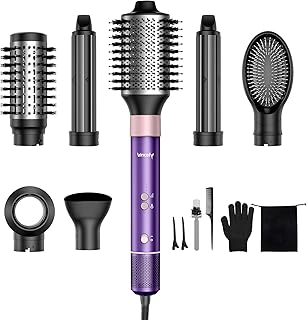 7-in-1 Hair Dryer Brush and Hair Styler Set – Fast Drying, Curling, Straightening & Volumizing – Hot Air Styling Tool with No Heat Damage – for All Hair Types – Violet