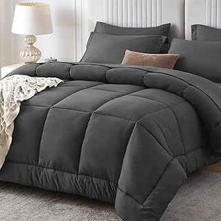 Sasttie Queen Comforter Set, 7 Pieces Bed in a Bag Queen, Complete Bedding Set Includes Grey Comforter, Flat Sheet, Fitted Sheet, Pillowcases and Pillow Shams, Dark Grey