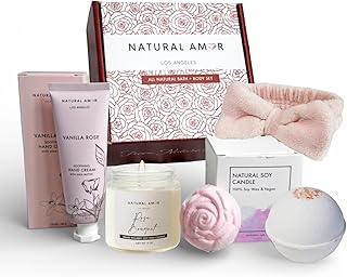 Natural Amor Relaxation Spa Gift Set for Women, 5 Piece Bath & Body Box with Candle, Hand Cream, Bath Bombs & Headband, Self Care Gift for Her