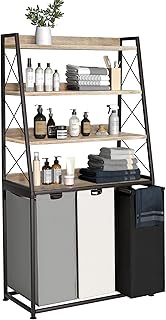 Herture Laundry Basket, 3 Section Laundry Hamper with 4 Tiers Shelf, Pull-Out and Removable Laundry Bags, Large 3 x 15.87 Gallons, for Laundry Room Bathroom Greige PF05XLZ