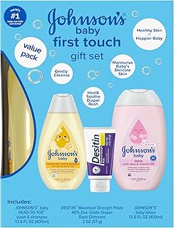 Johnson's First Touch Baby Essentials Gift Set with Body Wash & Shampoo, Body Lotion, & Zinc Oxide Diaper Rash Cream for Baby's Delicate Skin, Hypoallergenic, No Parabens or Dyes, 3 Items