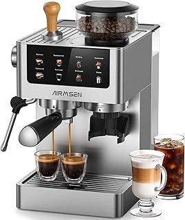 AIRMSEN Espresso Machines with Burr Grinder, 20 Bar, Milk Frother Steam Wand, Stainless Steel Coffee Maker for Home - Cappuccino Latte & ​​Cold Brew​​ Iced Coffee Maker & Americano