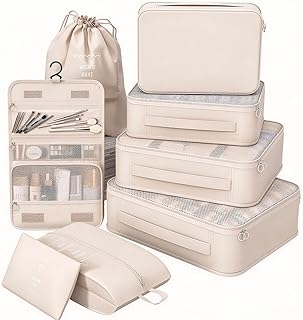 _SKIP_8 Set Packing Cubes for Travel,Suitcase Organizer Bags for Luggage with Shoe & Hanging Toiletry Bag, Vacation Essentials & Accessories for Cruise Ship, Airplane Must-Have,Road Trip & Camp Gifts(Cream)