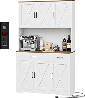 HOSTACK 71" Pantry Cabinet with Charging Station, Tall Kitchen Pantry Storage Cabinet with Microwave Stand, Farmhouse Kitchen Hutch with Storage Drawers for Living Room, Dining Room, White