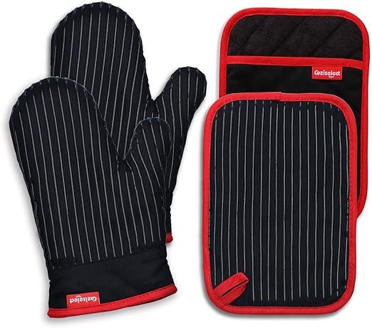 Oven Mitts and Pot Holders Set, Cooking Mitts, Heat Resistant Cooking Mitts and Pot Holders, Silicon Oven Gloves Set for Kitchen, Pure Cotton and Terrycloth Lining, Black, 4 Pcs Set